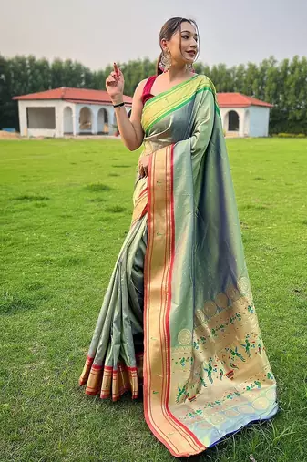 green plain silk blend paithani-saree saree with blouse