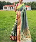 green plain silk blend paithani-saree saree with blouse