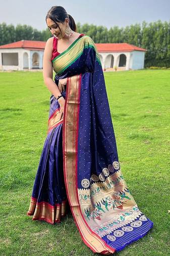 blue plain silk blend paithani-saree saree with blouse
