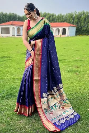 blue plain silk blend paithani-saree saree with blouse