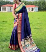 blue plain silk blend paithani-saree saree with blouse