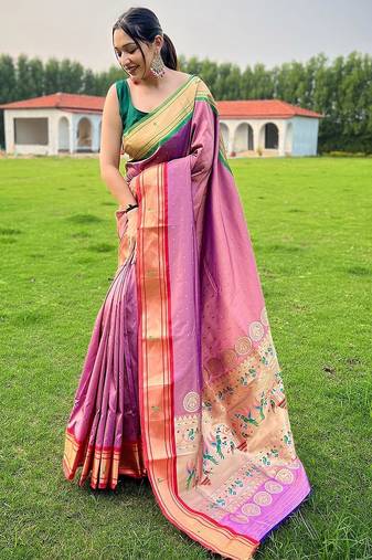 pink plain silk blend paithani-saree saree with blouse