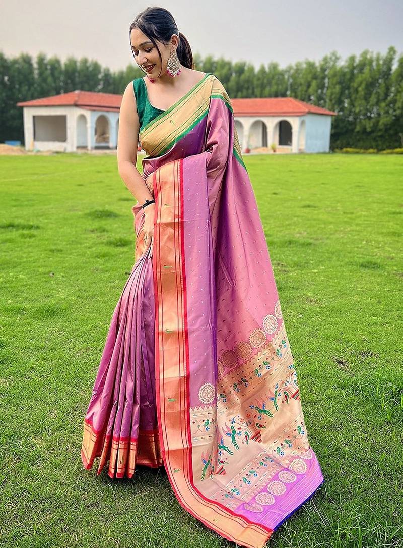 pink plain silk blend paithani-saree saree with blouse