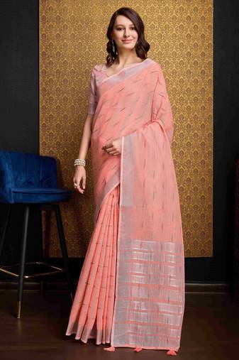 Peach plain organza organza-sarees saree with blouse