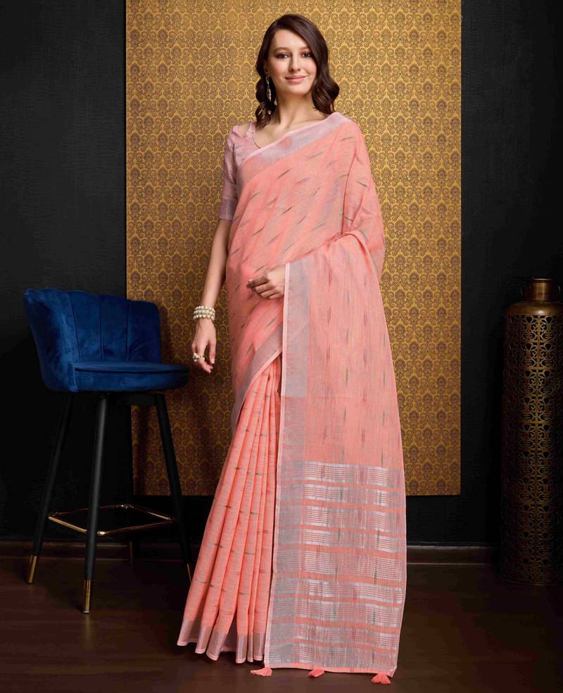 Peach plain organza organza-sarees saree with blouse