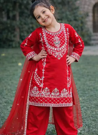 Natural Pure Heavy Creap Embroidery Work Red Readymade Salwar Suit