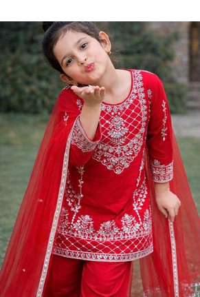Natural Pure Heavy Creap Embroidery Work Red Readymade Salwar Suit 1