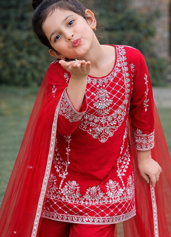 Natural Pure Heavy Creap Embroidery Work Red Readymade Salwar Suit