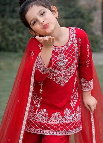 Natural Pure Heavy Creap Embroidery Work Red Readymade Salwar Suit