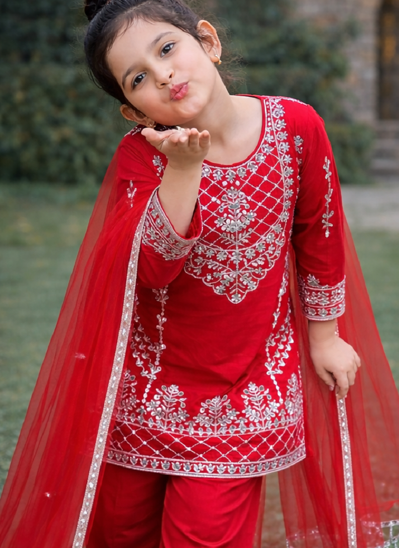 Natural Pure Heavy Creap Embroidery Work Red Readymade Salwar Suit