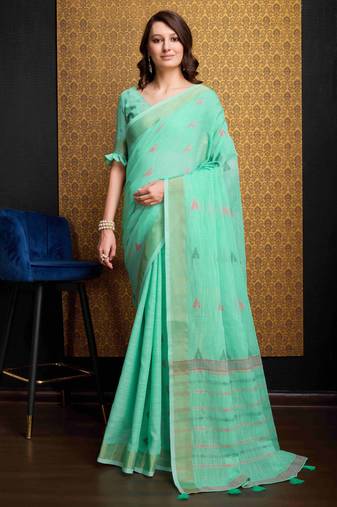 Green plain organza organza-sarees saree with blouse