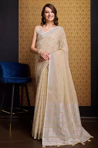 Cream plain organza organza-sarees saree with blouse