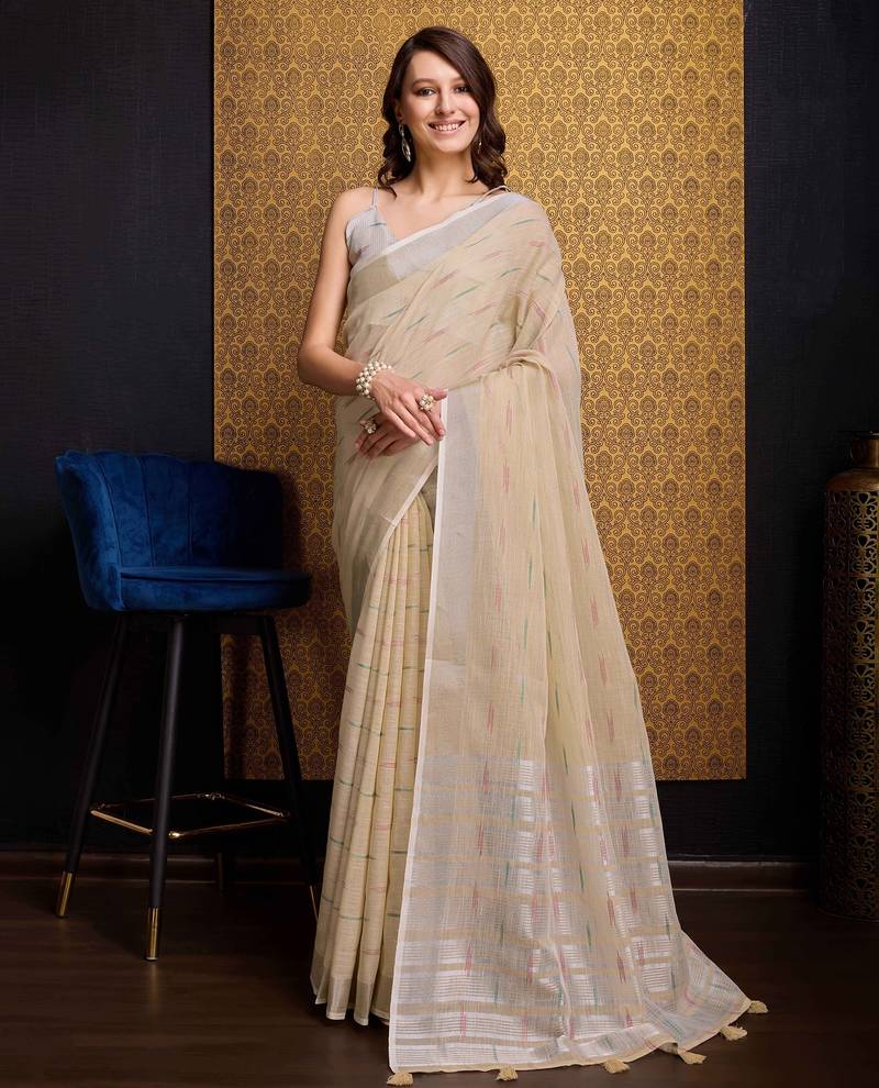 Cream plain organza organza-sarees saree with blouse