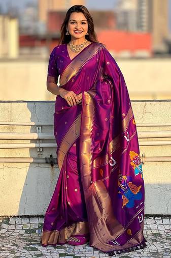 purple plain silk_blend paithani-saree saree with blouse