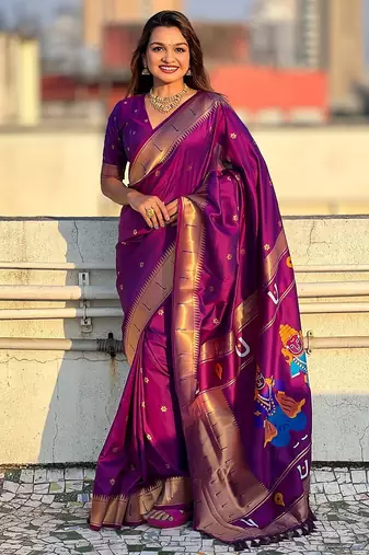 purple plain silk_blend paithani-saree saree with blouse