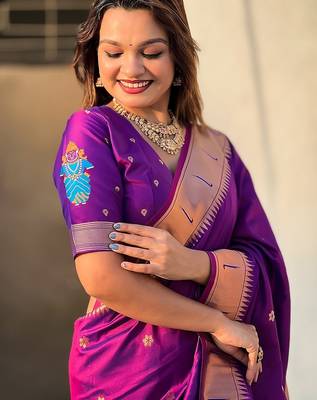 purple plain silk_blend paithani-saree saree with blouse 2