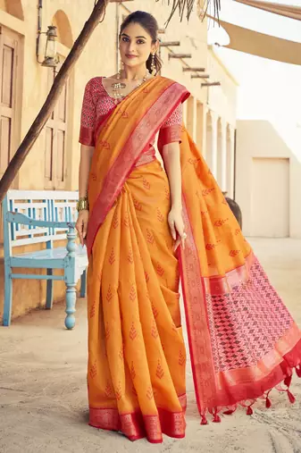 Orange plain raw silk silk-blend-sarees saree with blouse