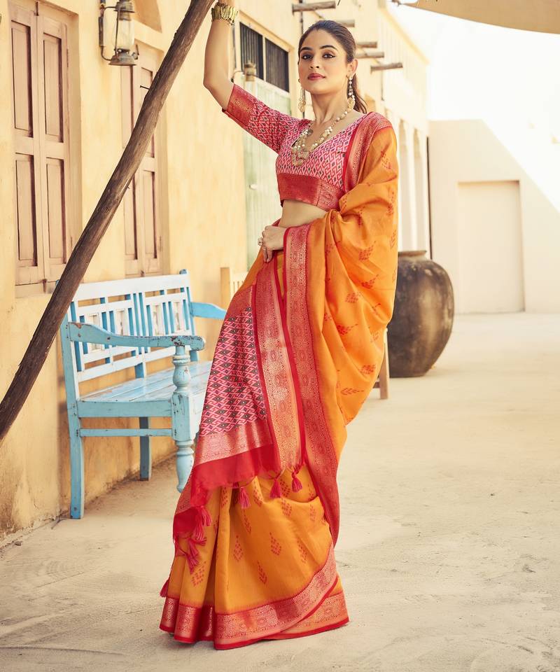 Orange plain raw silk silk-blend-sarees saree with blouse