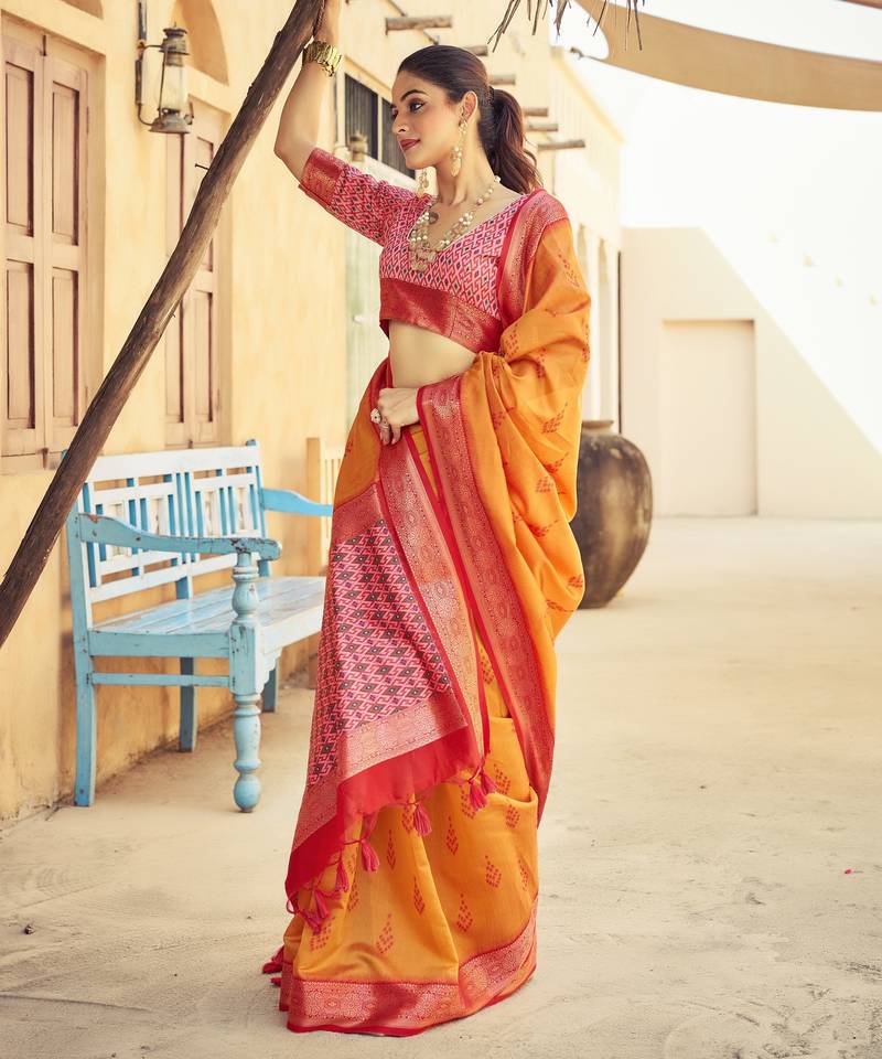 Orange plain raw silk silk-blend-sarees saree with blouse