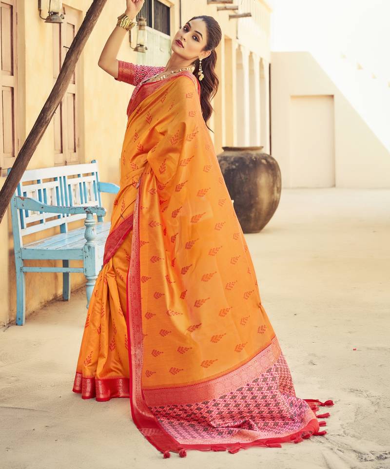 Orange plain raw silk silk-blend-sarees saree with blouse