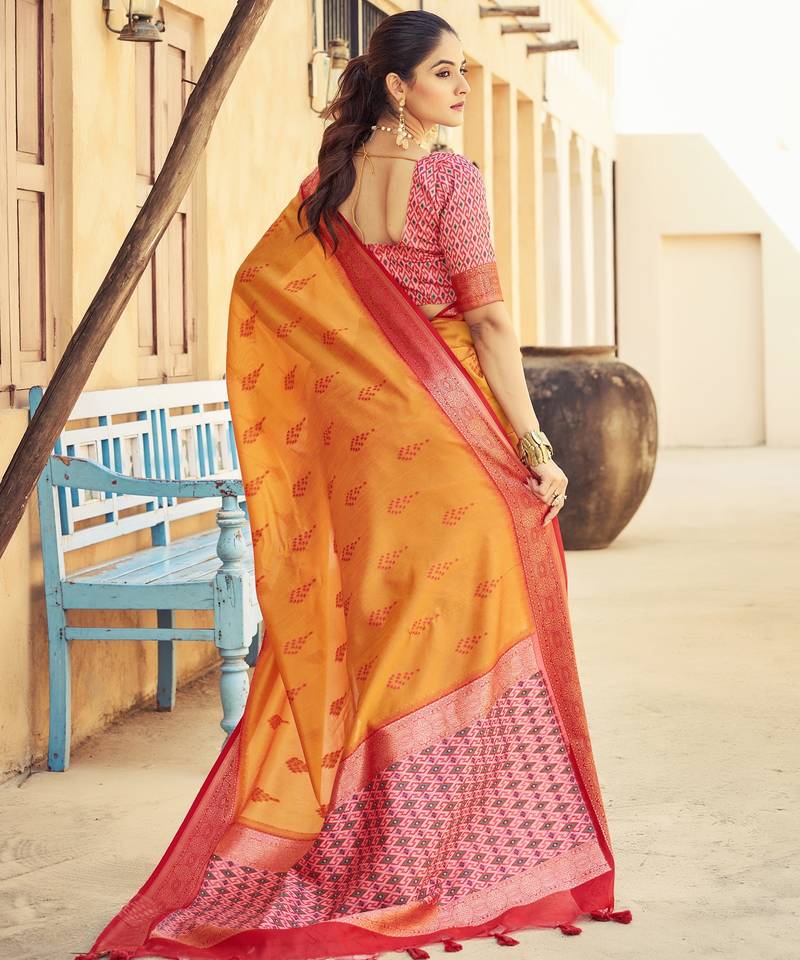 Orange plain raw silk silk-blend-sarees saree with blouse
