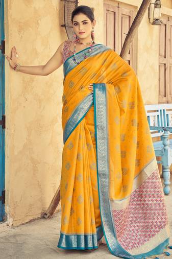 Yellow plain raw silk silk-blend-sarees saree with blouse