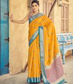 Yellow plain raw silk silk-blend-sarees saree with blouse