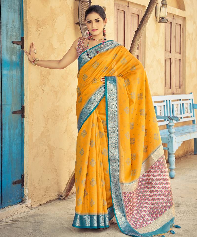 Yellow plain raw silk silk-blend-sarees saree with blouse