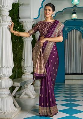 purple plain silk_blend silk-blend-sarees saree with blouse 4
