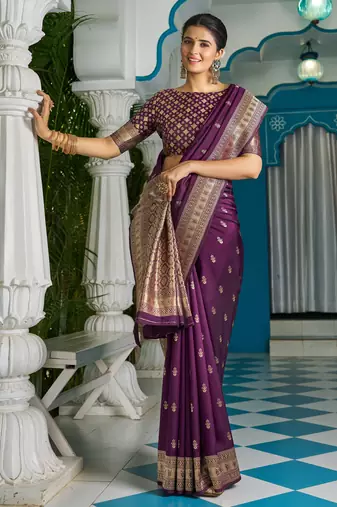 purple plain silk_blend silk-blend-sarees saree with blouse