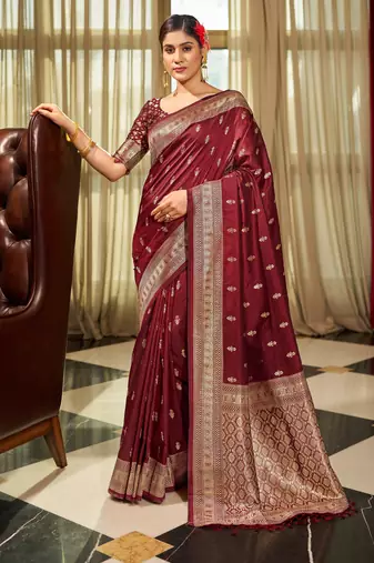 maroon plain silk_blend silk-blend-sarees saree with blouse
