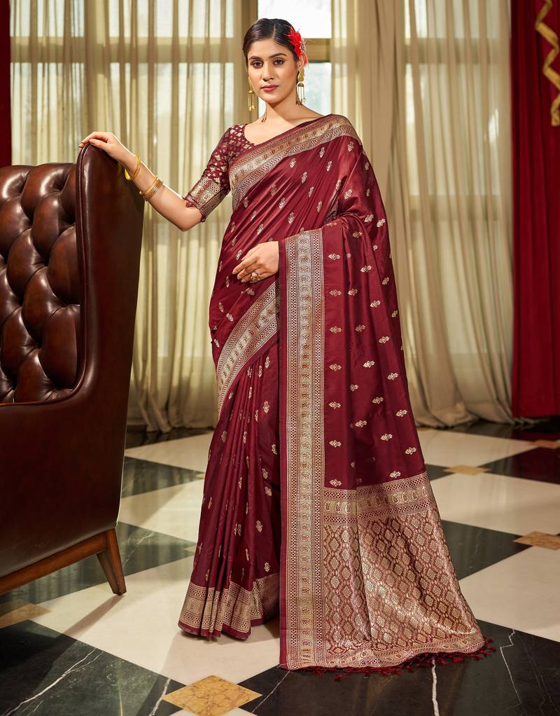 maroon plain silk_blend silk-blend-sarees saree with blouse