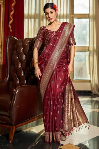 maroon plain silk_blend silk-blend-sarees saree with blouse