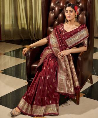 maroon plain silk_blend silk-blend-sarees saree with blouse 4