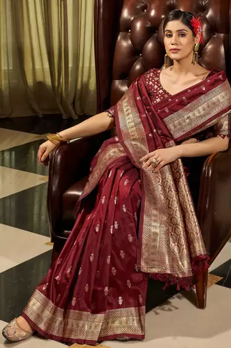 maroon plain silk_blend silk-blend-sarees saree with blouse