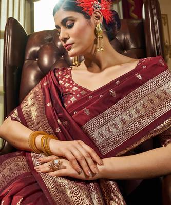 maroon plain silk_blend silk-blend-sarees saree with blouse 5