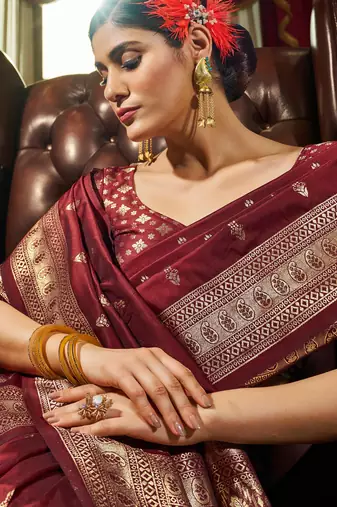 maroon plain silk_blend silk-blend-sarees saree with blouse