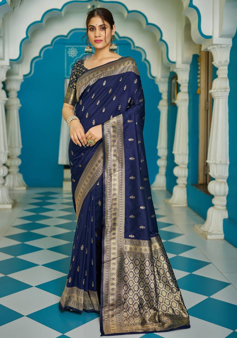 blue plain silk_blend silk-blend-sarees saree with blouse