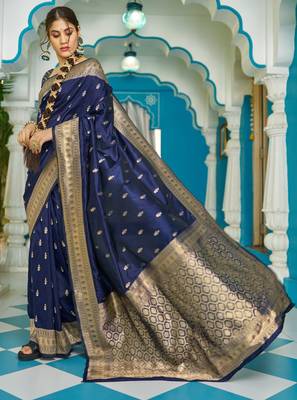 blue plain silk_blend silk-blend-sarees saree with blouse 2