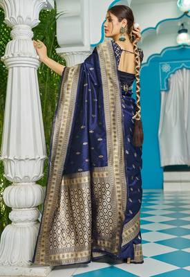 blue plain silk_blend silk-blend-sarees saree with blouse 3