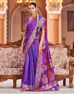 purple plain silk_blend banarasi-sarees saree with blouse 1