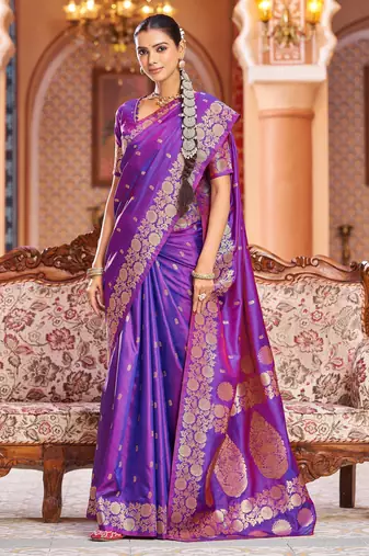 purple plain silk_blend banarasi-sarees saree with blouse