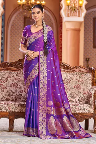 purple plain silk_blend banarasi-sarees saree with blouse