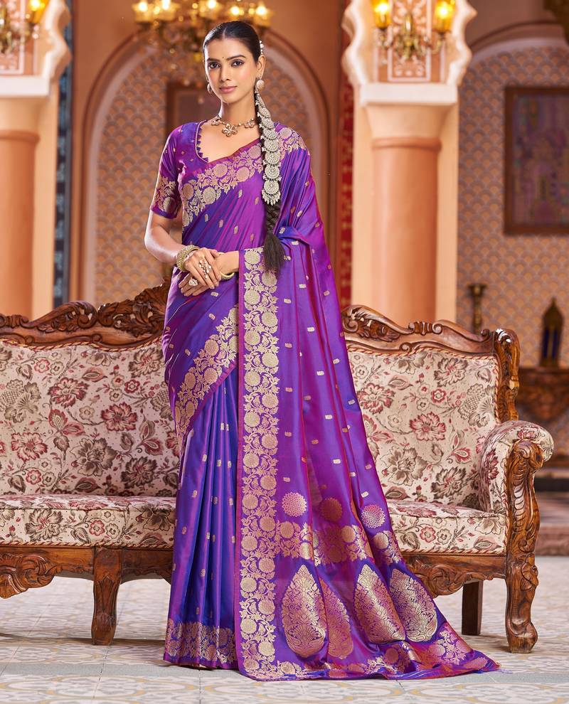 purple plain silk_blend banarasi-sarees saree with blouse