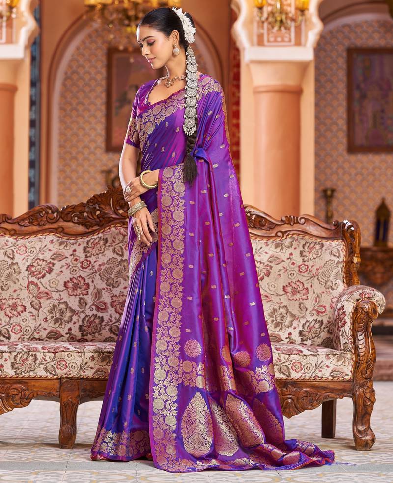 purple plain silk_blend banarasi-sarees saree with blouse