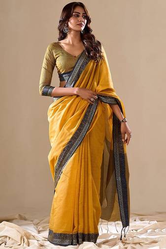 Yellow plain cotton cotton-sarees saree with blouse