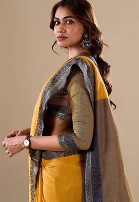 Yellow plain cotton cotton-sarees saree with blouse 2