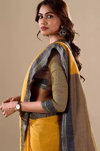 Yellow plain cotton cotton-sarees saree with blouse