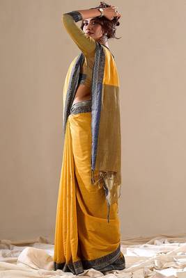 Yellow plain cotton cotton-sarees saree with blouse 3