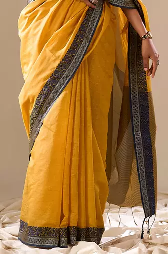 Yellow plain cotton cotton-sarees saree with blouse